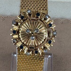 Vintage Bucherer Peek a Boo or Flip Top Gold Watch with Blue and Crystal Spinel